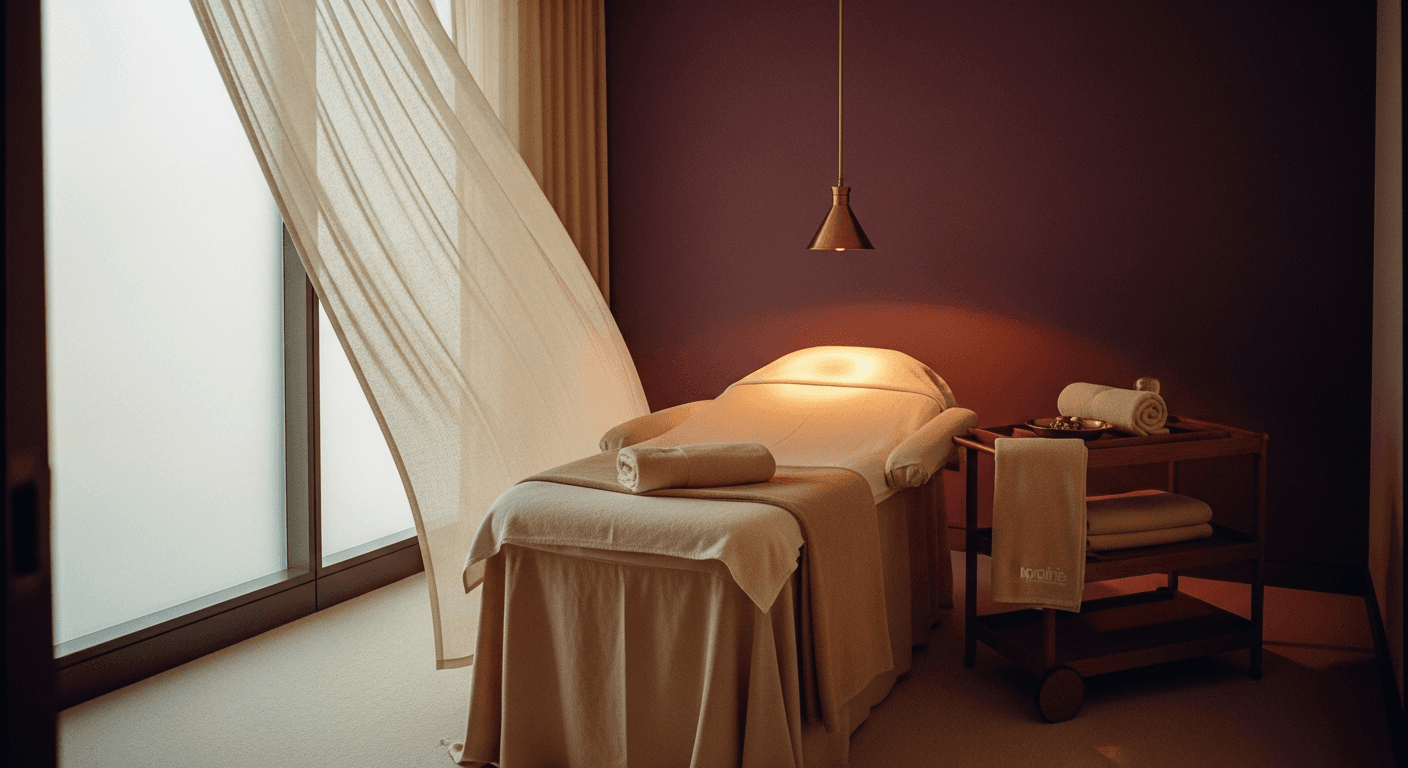 Empty Beautez treatment room at first light — billowing sheer curtain, brass pendant amber pool, deep aubergine wall.
