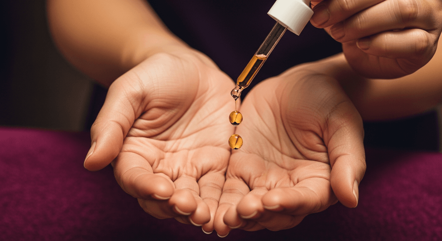 Beautez beautician hands cradling palms-up with two golden oil beads mid-fall from a frosted-glass dropper bottle.