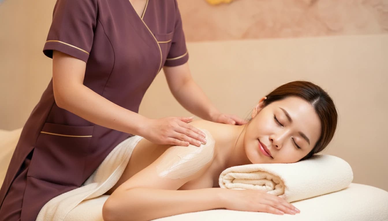 A beautician smoothing a creamy exfoliating body mask along a reclining client's shoulder and upper back.