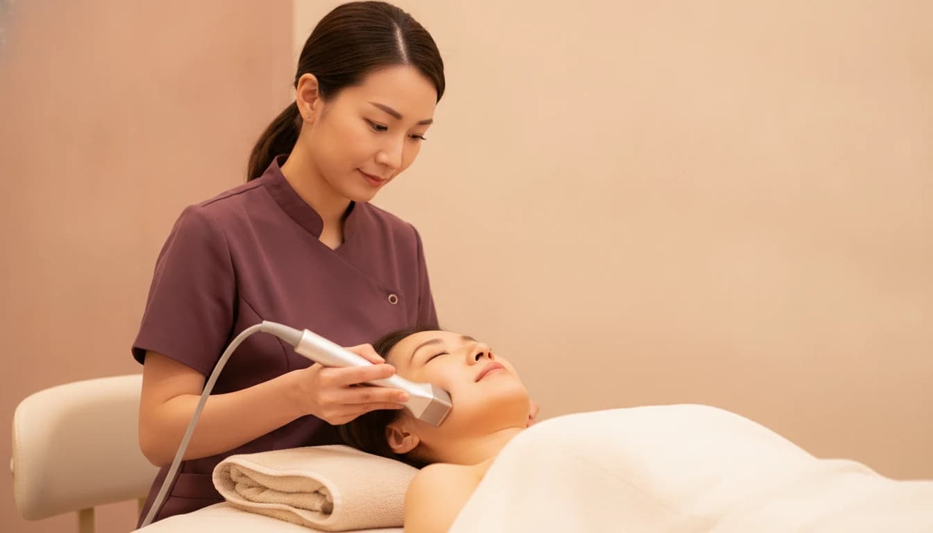 A beautician holding a sleek ultrasound HIFU handpiece against a reclining client's jawline and cheek.