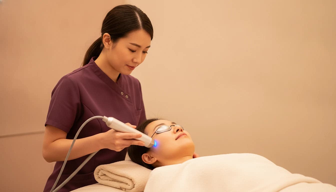 A beautician holding a slender laser handpiece near a reclining client's cheek, the client wearing small protective eye shields.