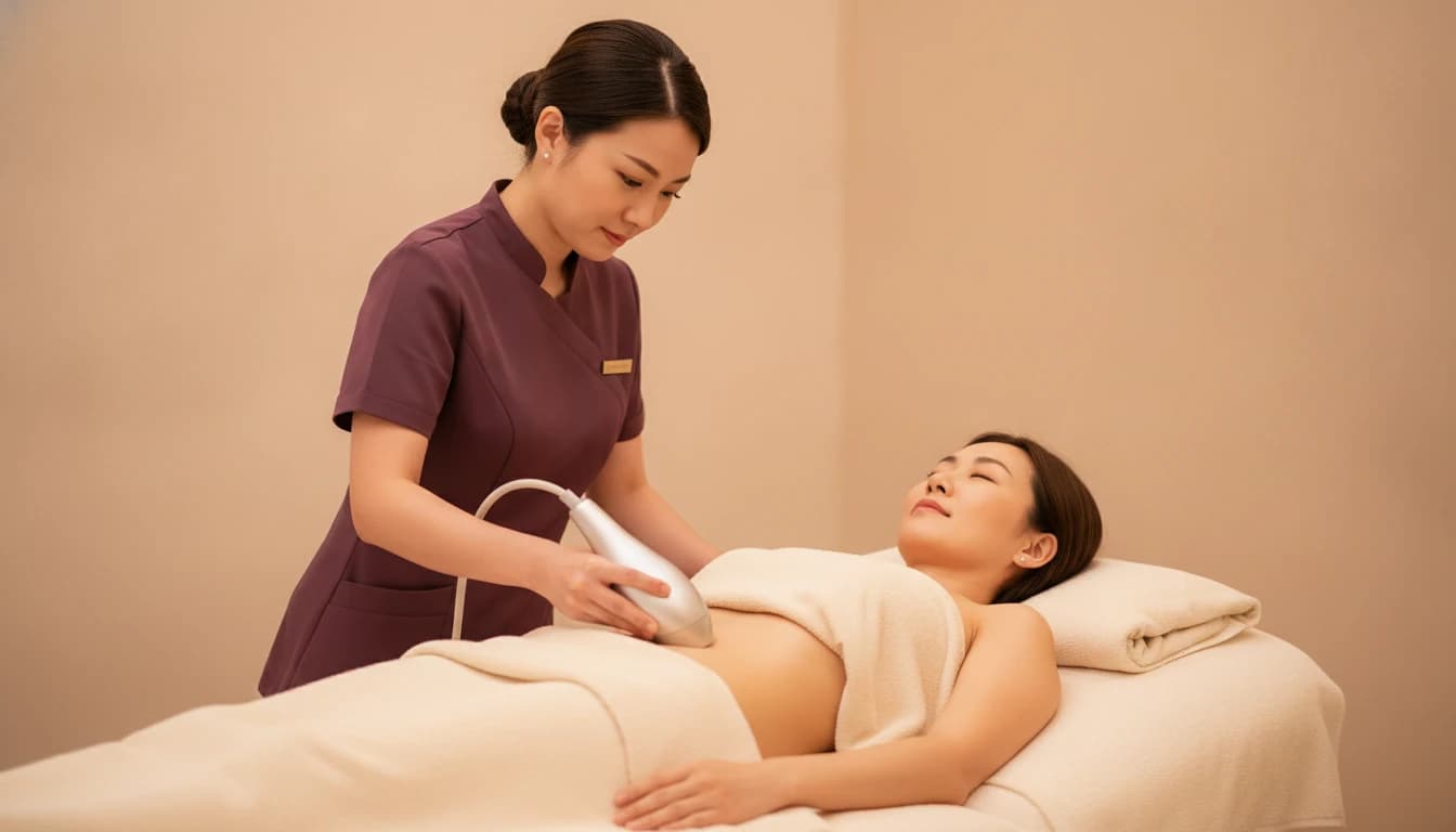 A beautician gliding a smooth body-contouring device slowly along a reclining client's waist and tummy, a cream towel at the hip.