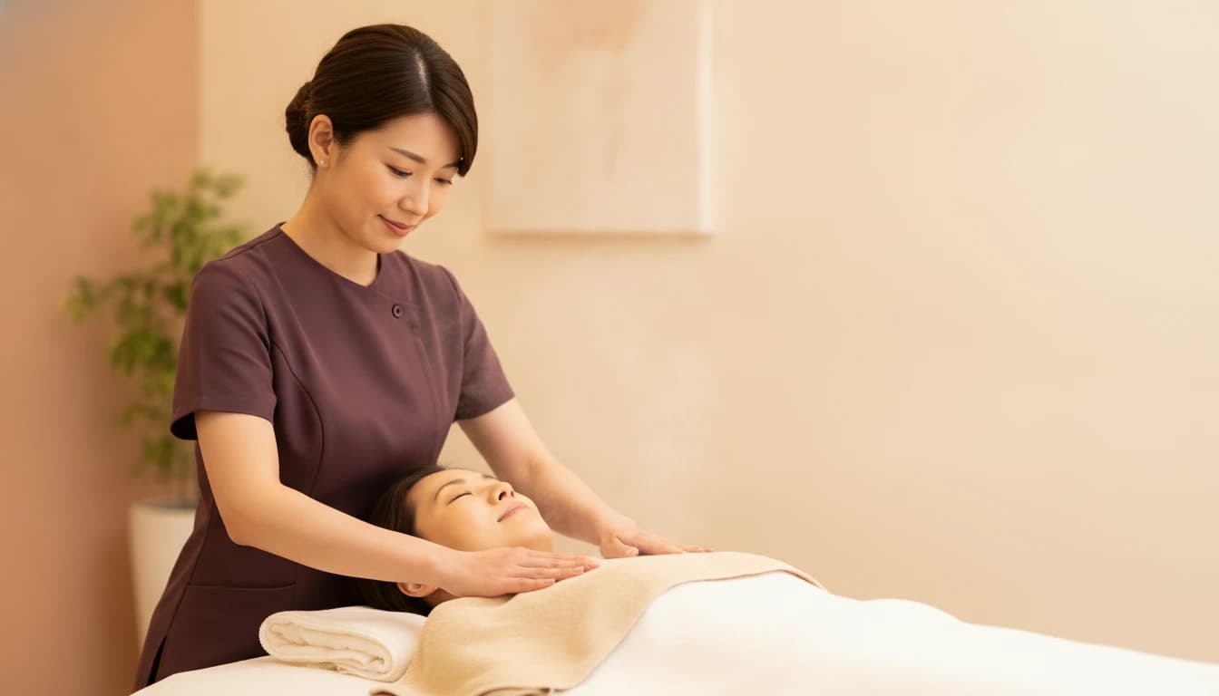 A beautician's hands resting over a cream linen cloth draping a reclining client's chest, a gentle low-pressure press.