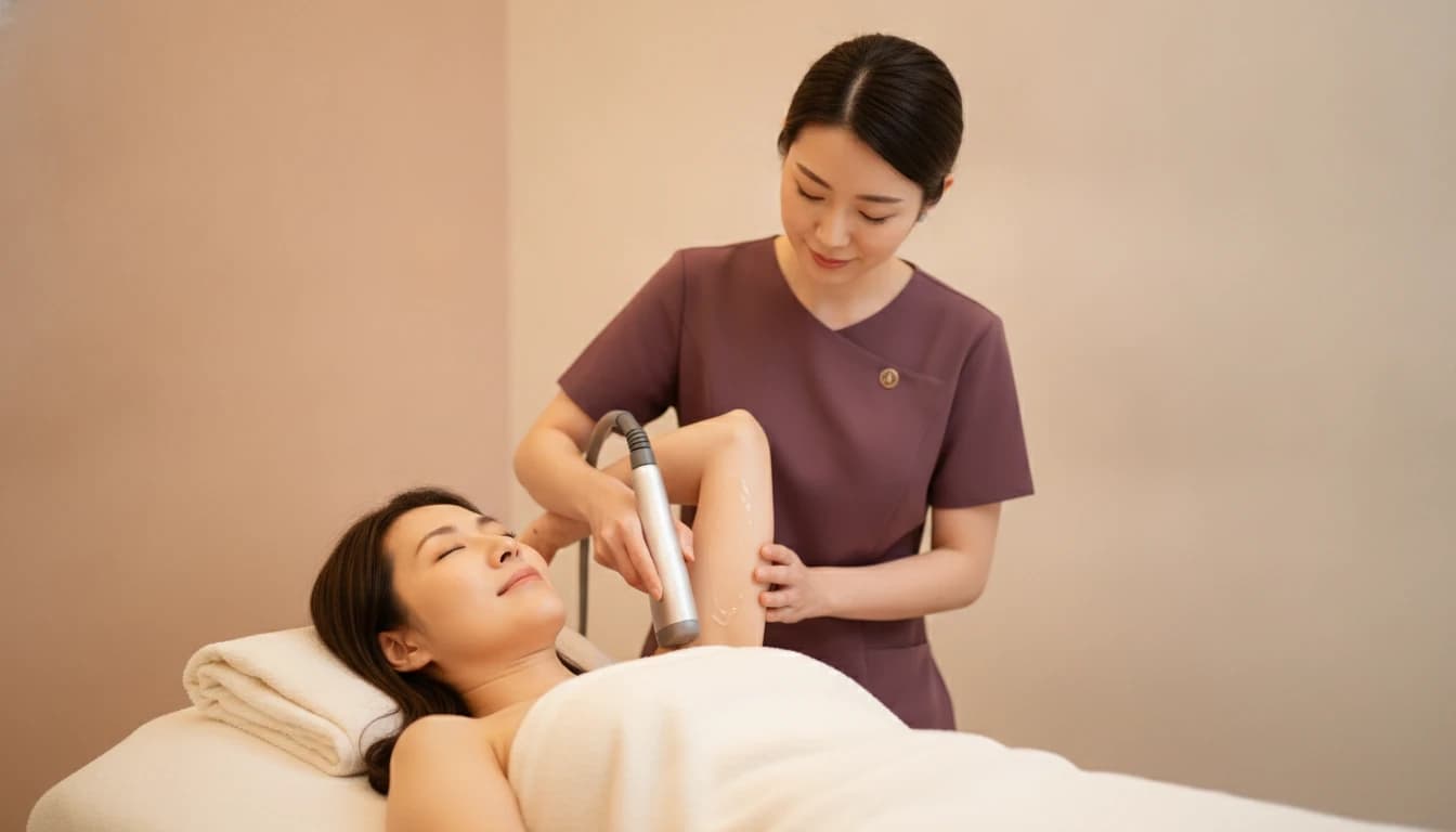 A beautician pressing a smooth hair-removal device to a client's raised underarm, the skin lightly gelled.