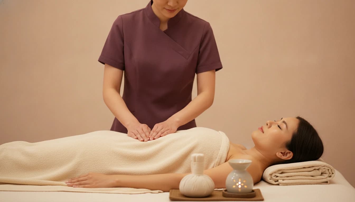 A beautician's hands resting on a client's lower abdomen, warm herbal compresses and a soft lamp alongside.